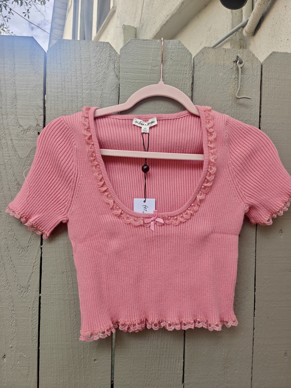 For Love & Lemons Pink Ribbed Lace-Trim Scoop Crop Top